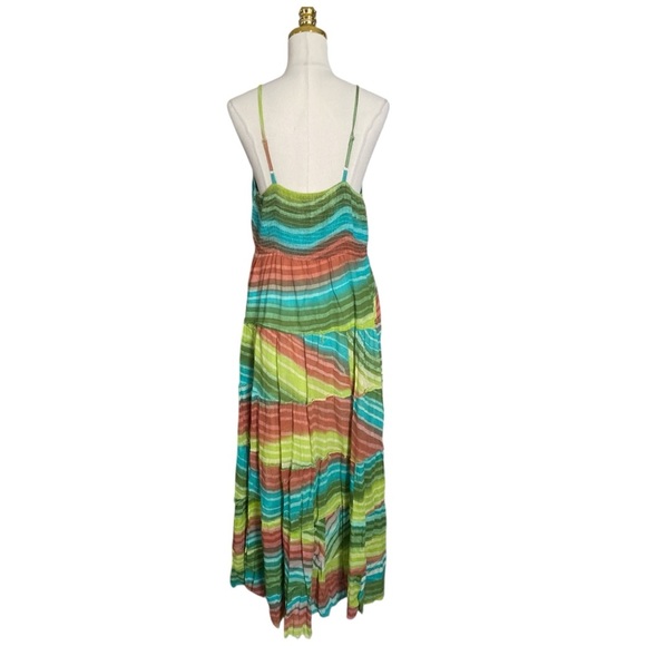 Solitaire Women Strappy Multicolor Striped Cotton Flowy Boho Tiered Maxi Dress L - Picture 4 of 9
